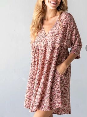 Natural Life Stella V-Neck Pink Ditsy Floral Babydoll Dress Boho Cottagecore